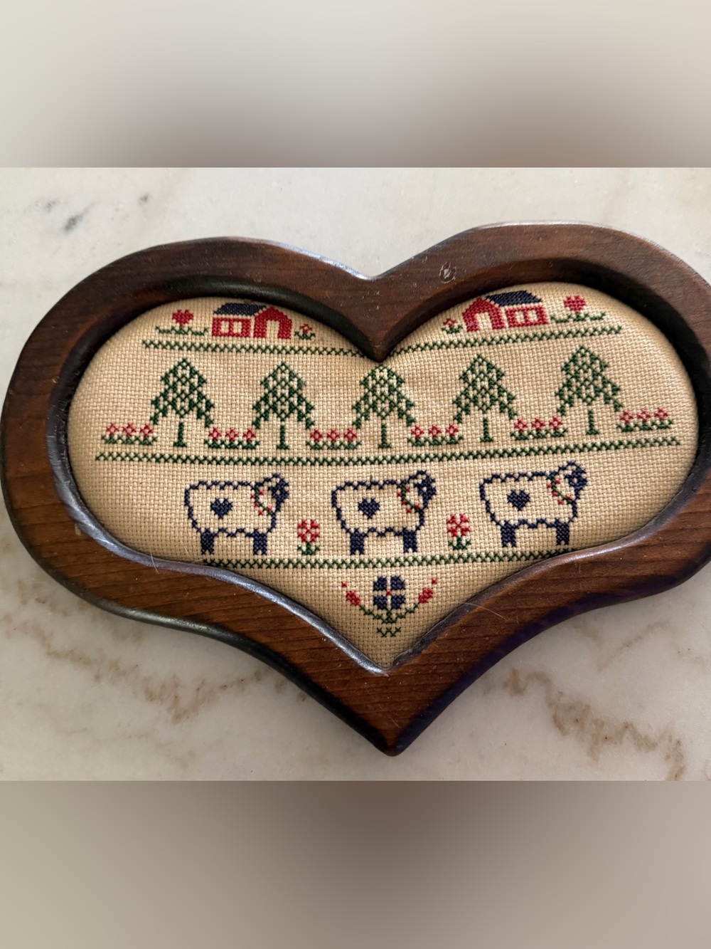 Vintage Handmade Crossstitch Sampler In Wooden Heart Shaped Frame Sheep Barns